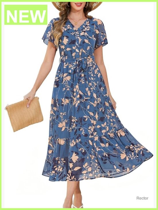 Dresses & Skirts - Women's Floral Maxi Dress with Pockets - Short Sleeve V-Neck A-Line Wedding